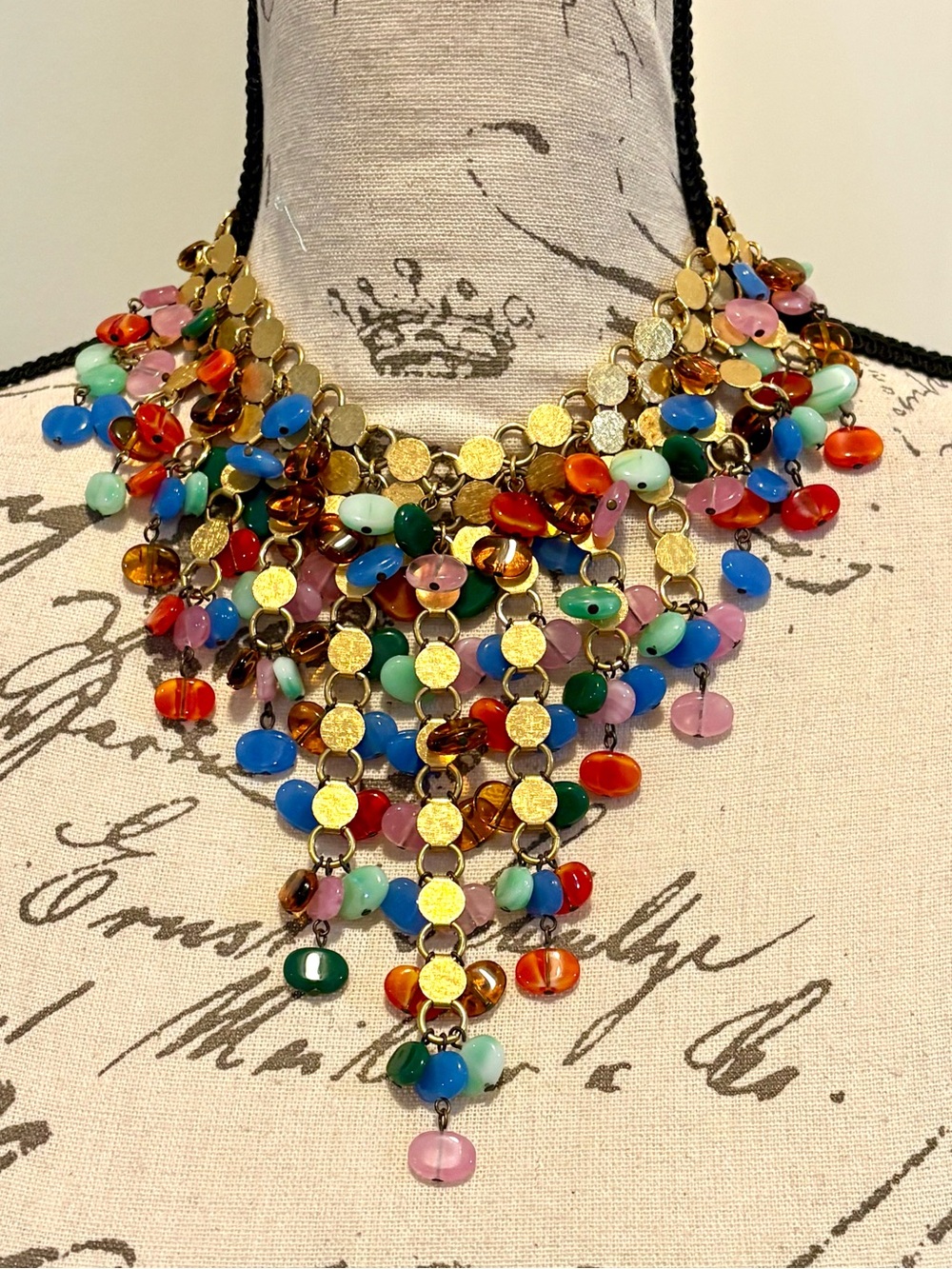 Vintage 1960s Multicolor Glass Bead Gold Tone Waterfall Bib Choker Necklace